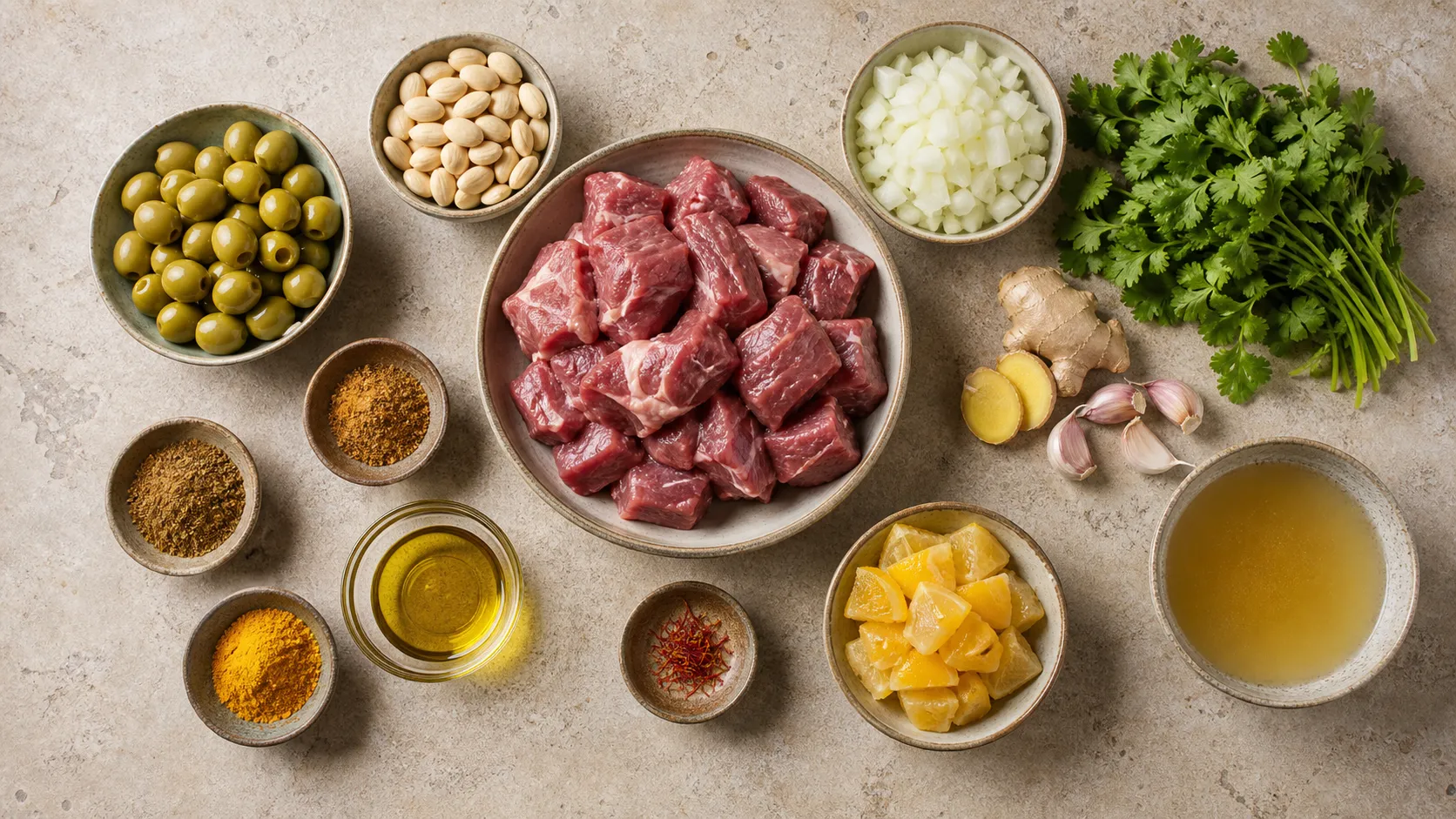 Ingredients for keto lamb tajine: lamb shoulder, olives, almonds, preserved lemon, ginger, garlic cloves and spices