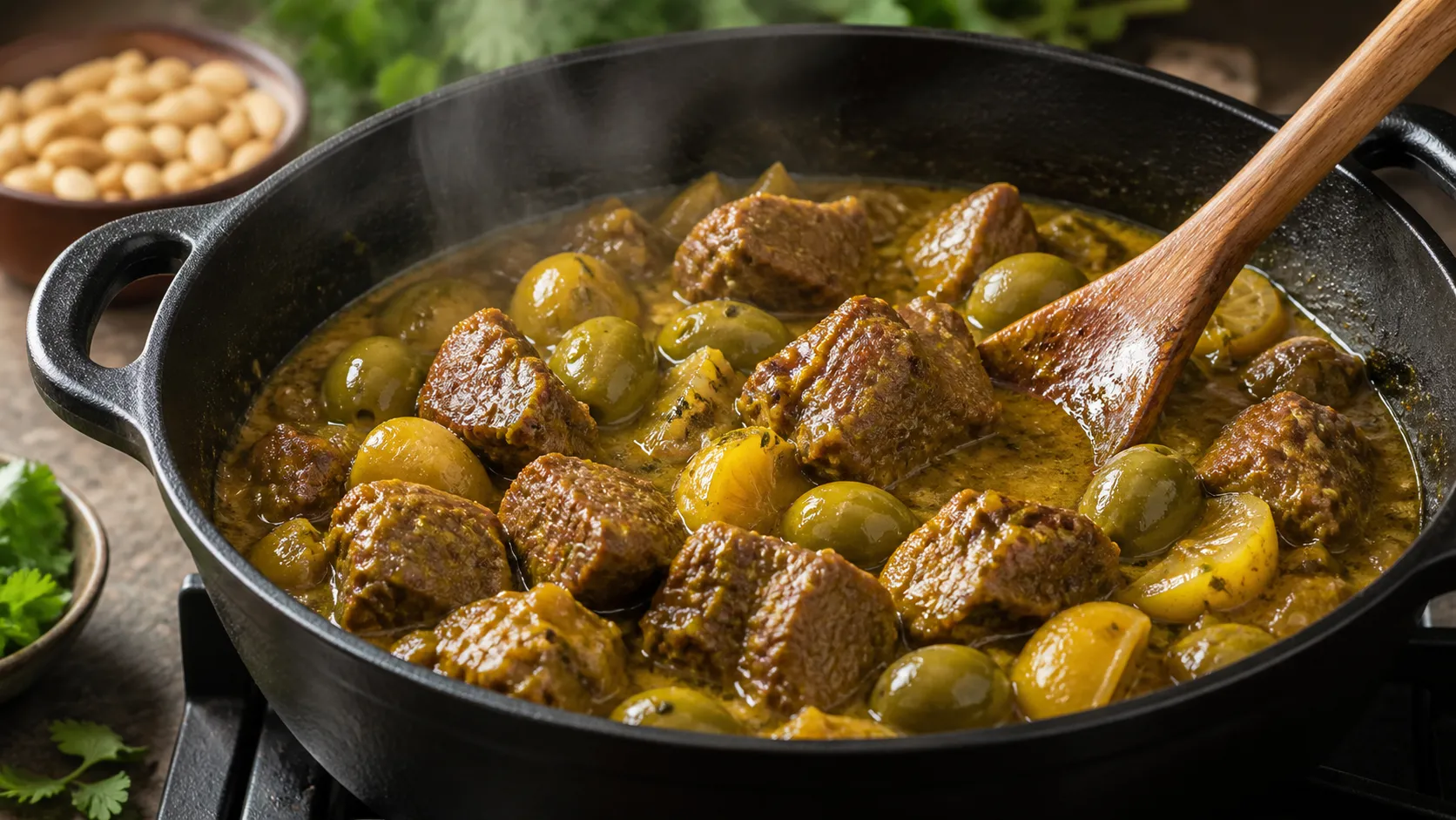 Lamb shoulder being braised in a cast-iron pot at low heat with olives and preserved lemon