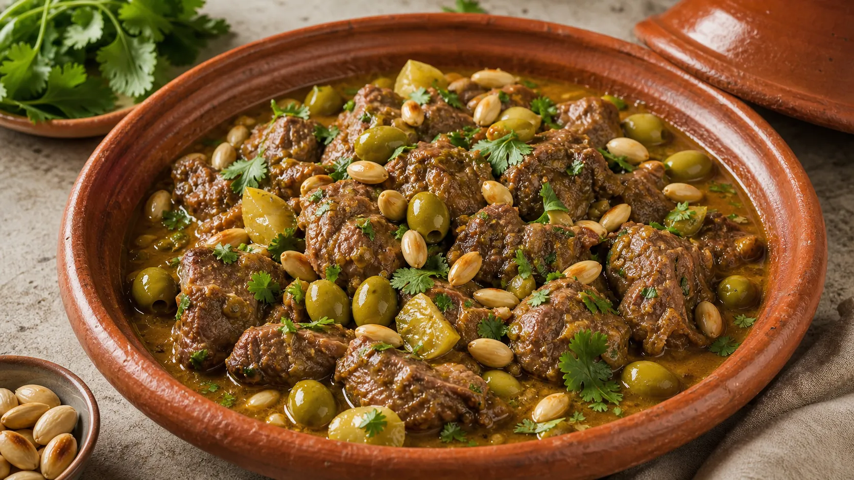 Keto lamb tajine with lamb shoulder, green olives, almonds and cilantro in a clay tajine pot