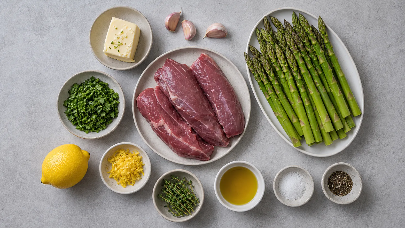 Ingredients for keto lamb filet with herb butter, green asparagus, garlic, parsley and thyme