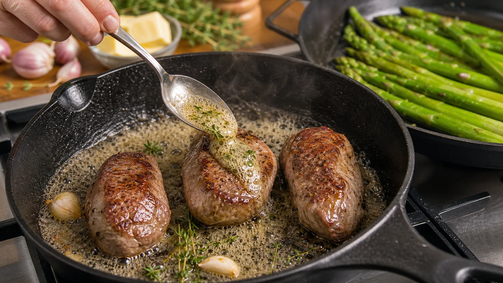 Basting lamb filet in butter with garlic and thyme in the pan