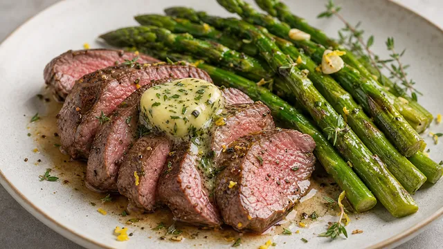 Keto lamb filet with melting herb butter and pan-fried green asparagus