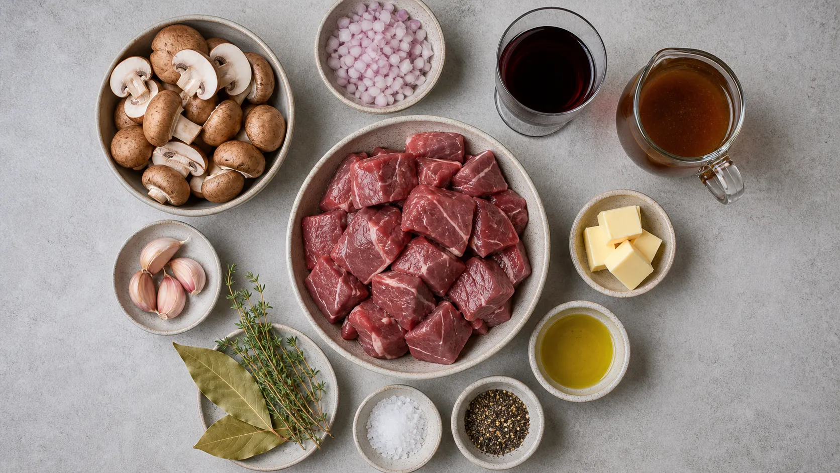 Ingredients for keto lamb goulash with lamb shoulder, mushrooms, red wine, broth and thyme