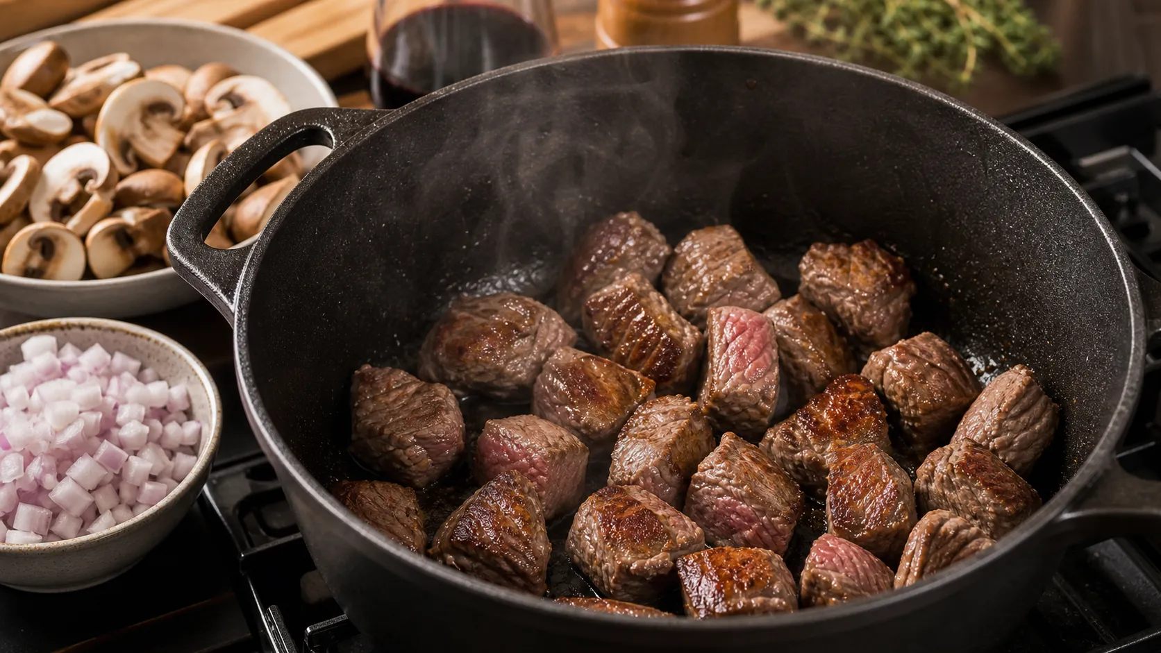 Searing lamb shoulder cubes for keto lamb goulash in a cast-iron pot