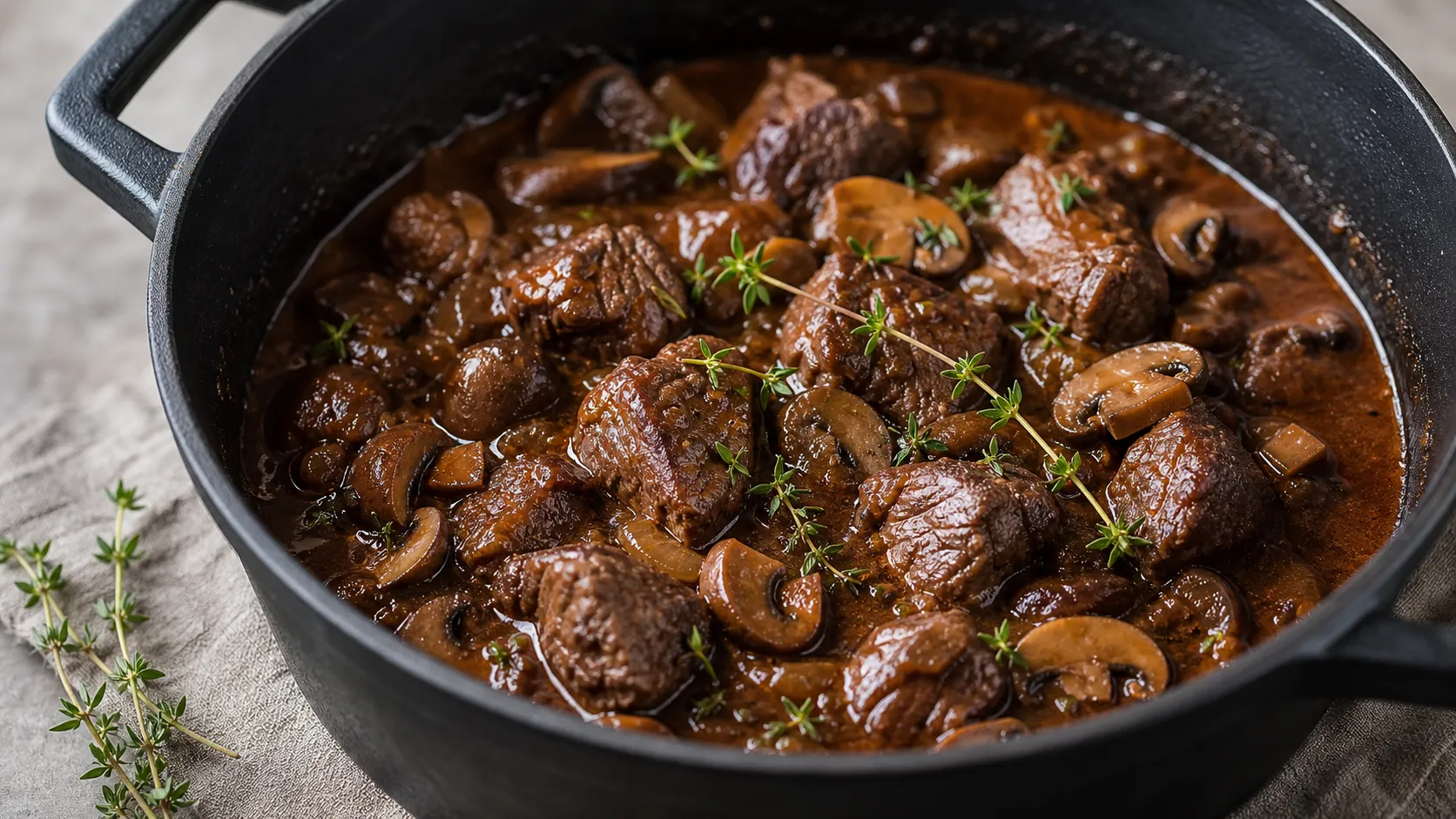 Keto lamb goulash with red wine sauce, brown mushrooms and thyme