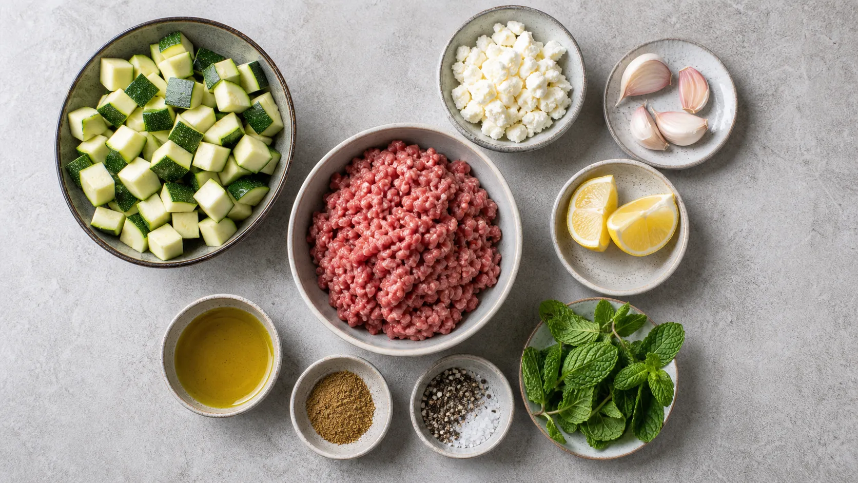 Ingredients for keto ground lamb and zucchini skillet with ground lamb, zucchini, feta, mint and cumin