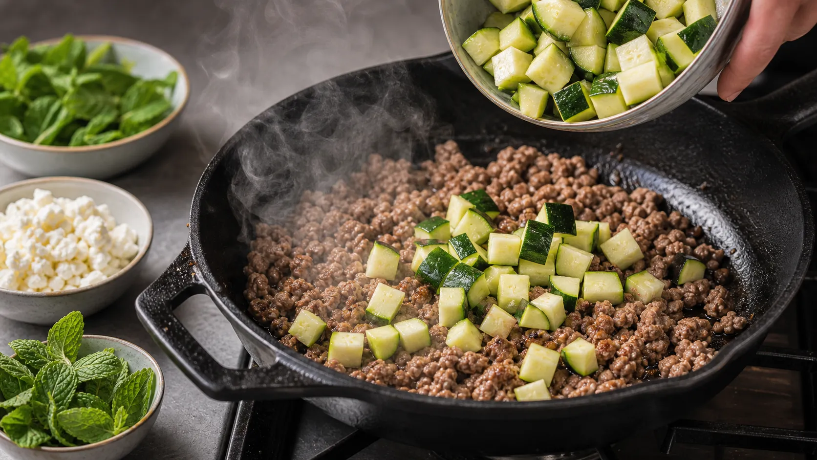 Browning ground lamb in the skillet and adding diced zucchini