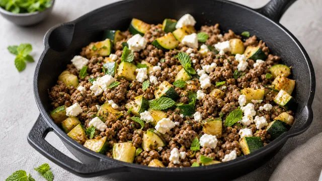 Keto ground lamb and zucchini skillet with feta, mint and cumin