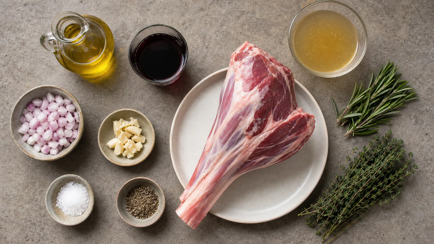Ingredients for Keto Lamb Shank with Rosemary and Garlic: 55 g Protein in 2 Hours: 1 lamb shank (approx. 500 g with bone), 30 ml olive oil, 2 shallots (coarsely diced), 4 garlic cloves (crushed), 100 ml red wine (dry), 150 ml lamb stock (or chicken broth)