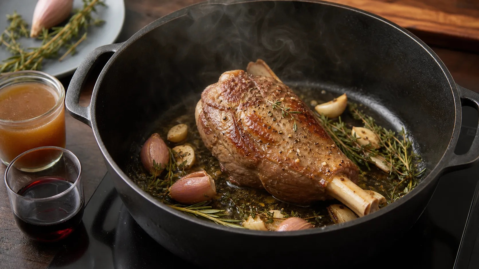 Preparation step for Keto Lamb Shank with Rosemary and Garlic: 55 g Protein in 2 Hours: Season the lamb shank generously with salt and pepper all over. Heat the olive oil in a roaster over high heat. Sear the shank on all sides for 3-4 minutes. Remove from the pot.