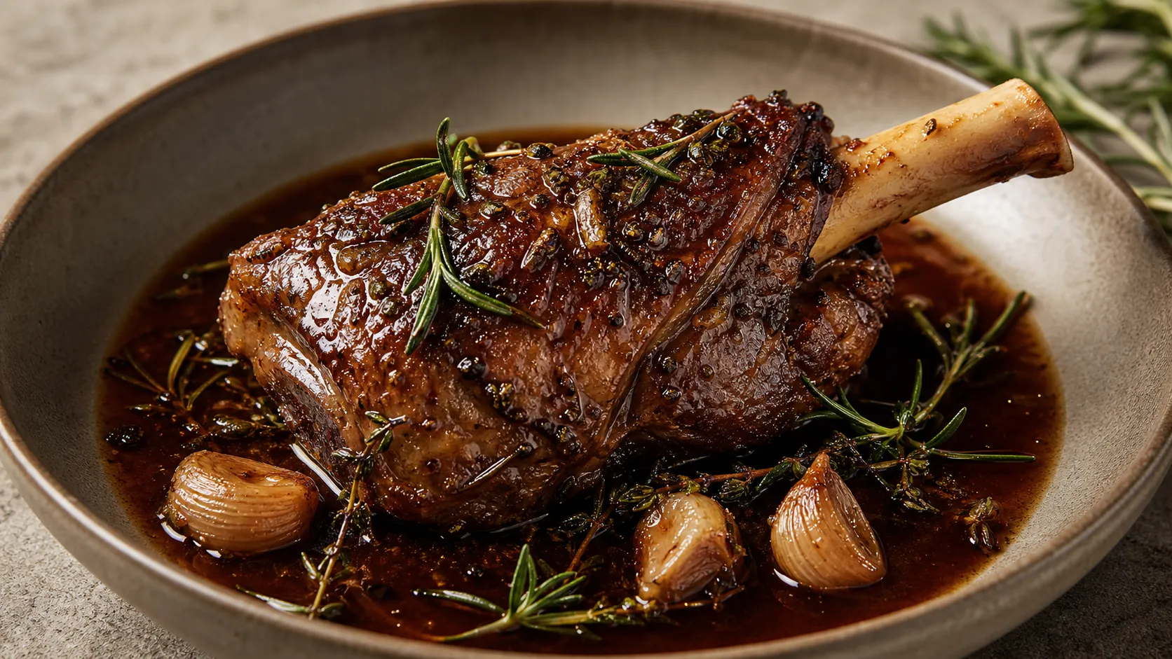 Keto braised lamb shank with rosemary, garlic and red wine jus on a deep plate
