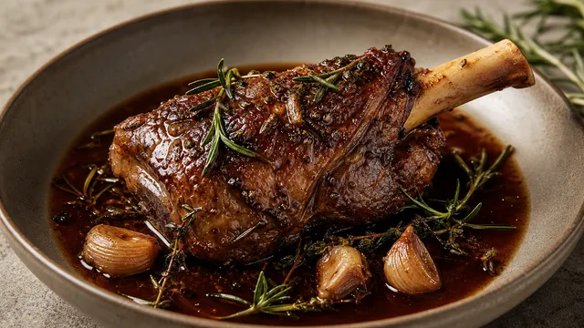 Keto braised lamb shank with rosemary, garlic and red wine jus on a deep plate
