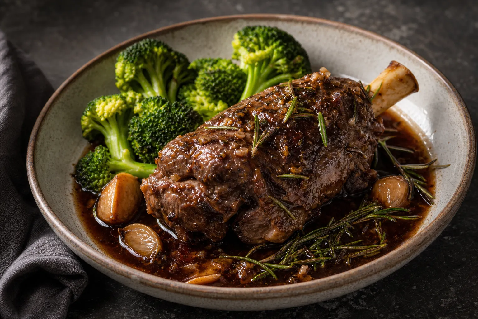 Keto braised lamb shank with rosemary, garlic and red wine jus on a deep plate