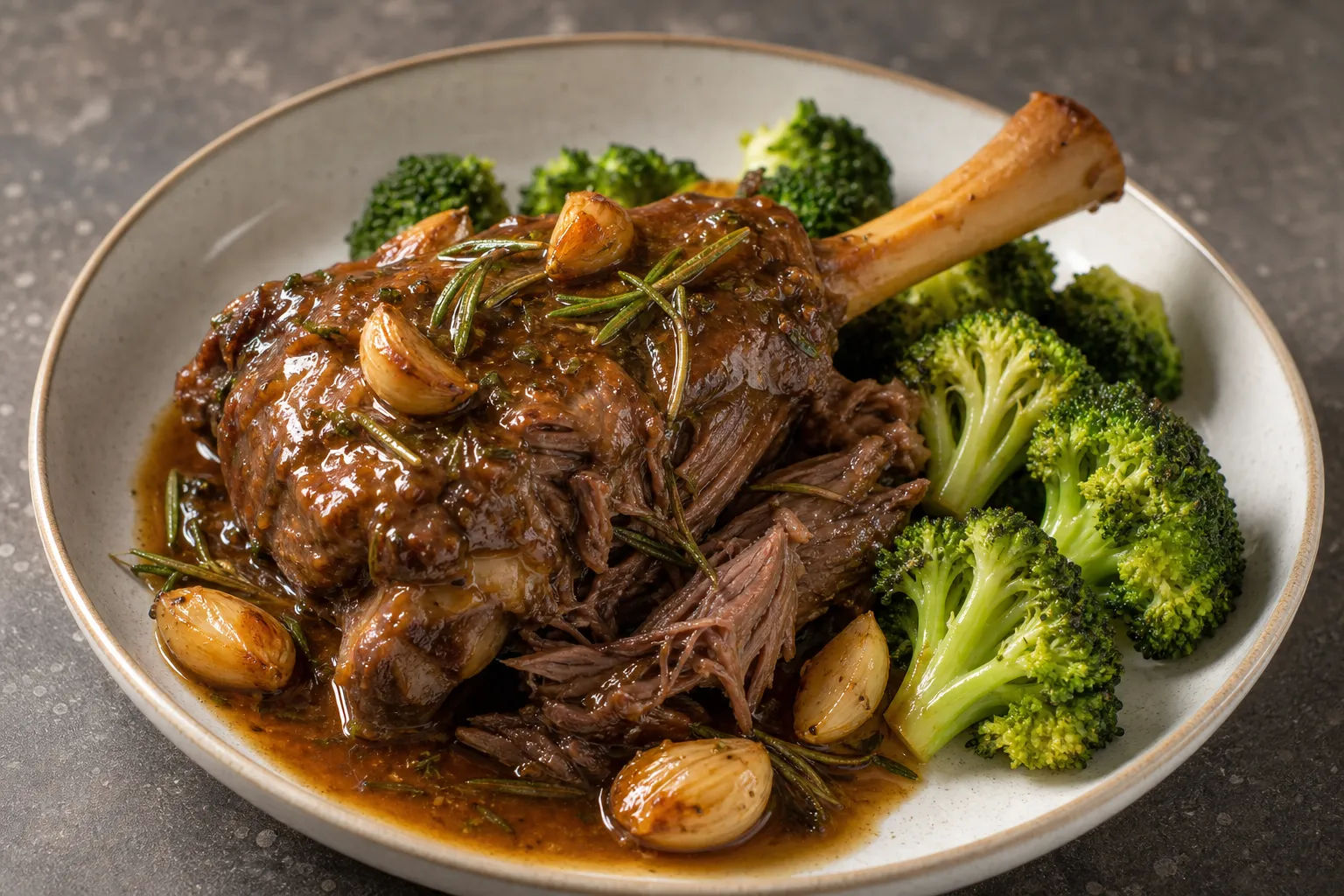 Finished braised lamb shank on a deep plate with jus and broccoli