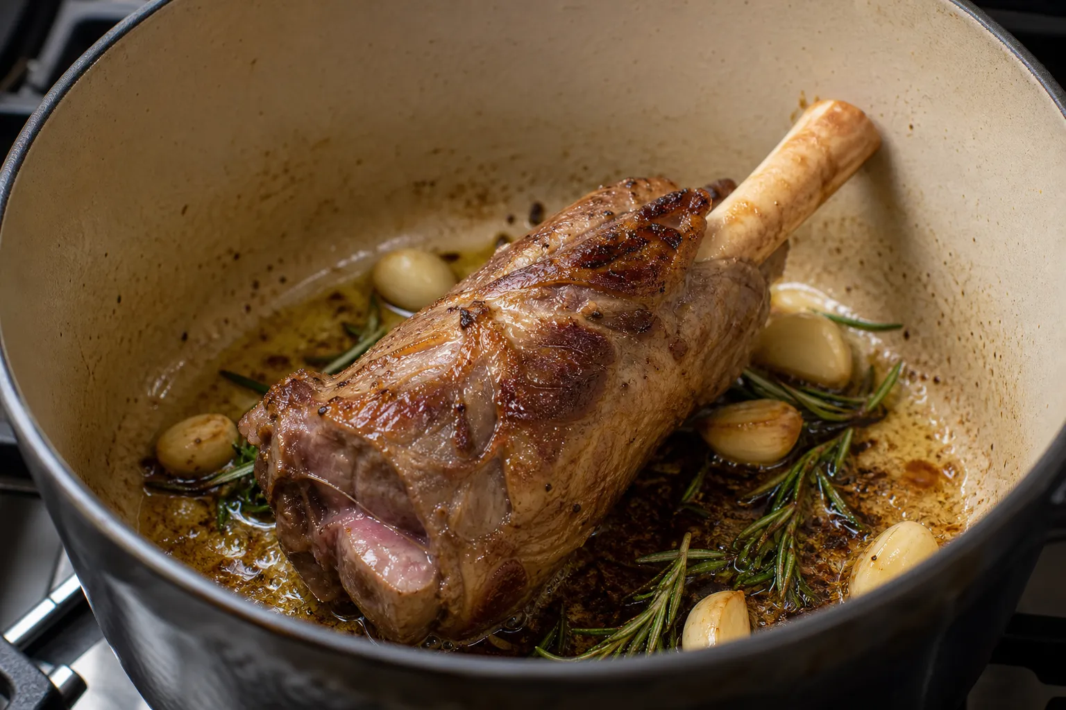 Lamb shank seared on all sides in a heavy pot