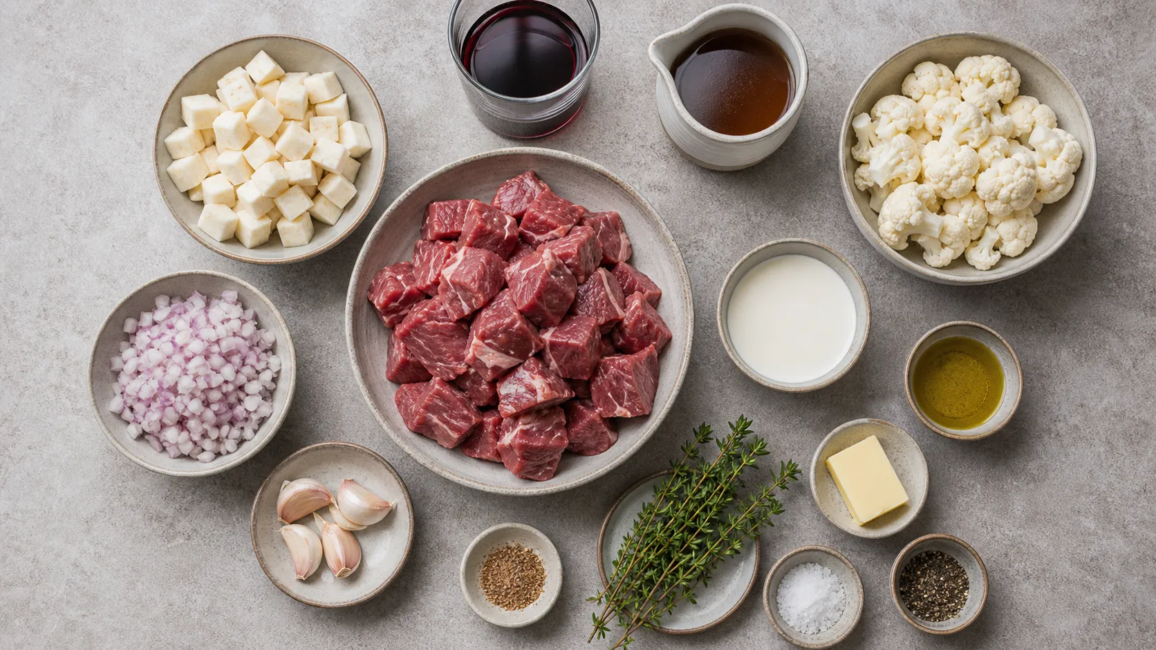 Ingredients for keto lamb stew with cauliflower puree, leg of lamb, celery root, red wine, cream and butter