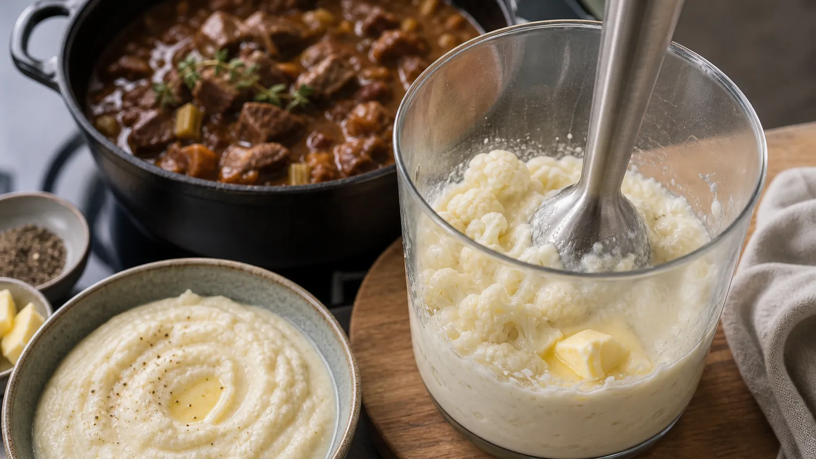 Blending cauliflower with butter and cream into a creamy keto puree
