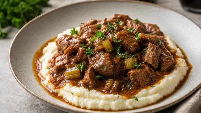Keto lamb stew over creamy cauliflower puree with red wine sauce and thyme