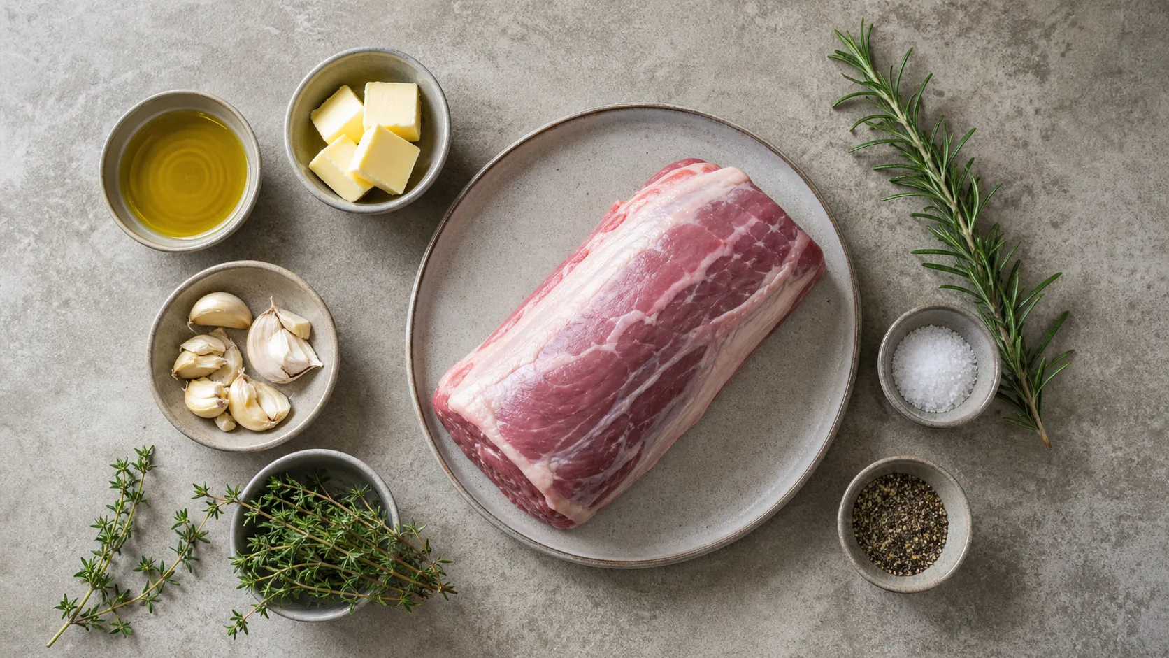 Ingredients for keto lamb loin with butter, garlic, thyme, rosemary and olive oil