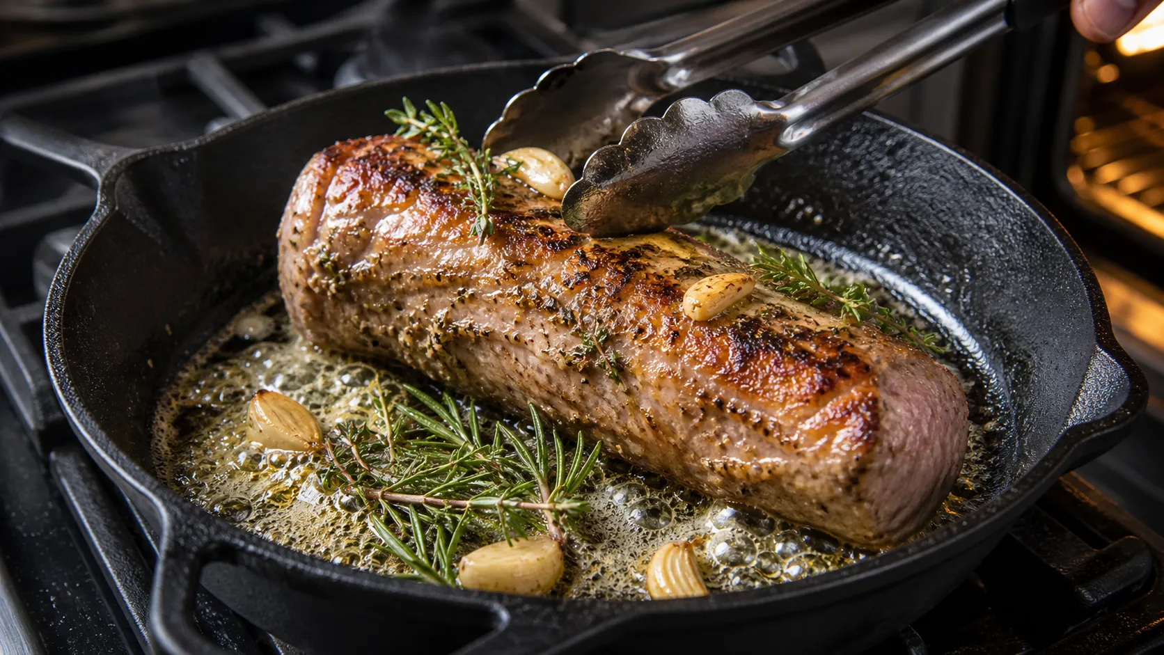 Lamb loin seared with garlic, thyme and butter in a pan