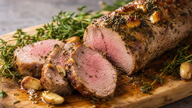 Keto lamb loin with garlic-thyme butter sliced pink