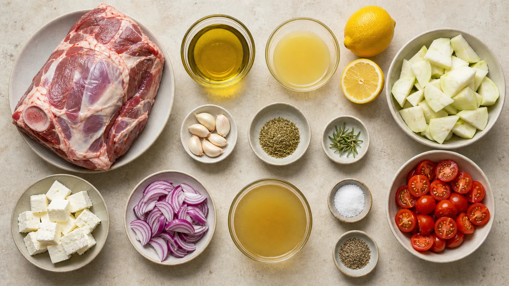 Ingredients for keto kleftiko: lamb shoulder, lemons, garlic, oregano, kohlrabi, cherry tomatoes and feta cheese