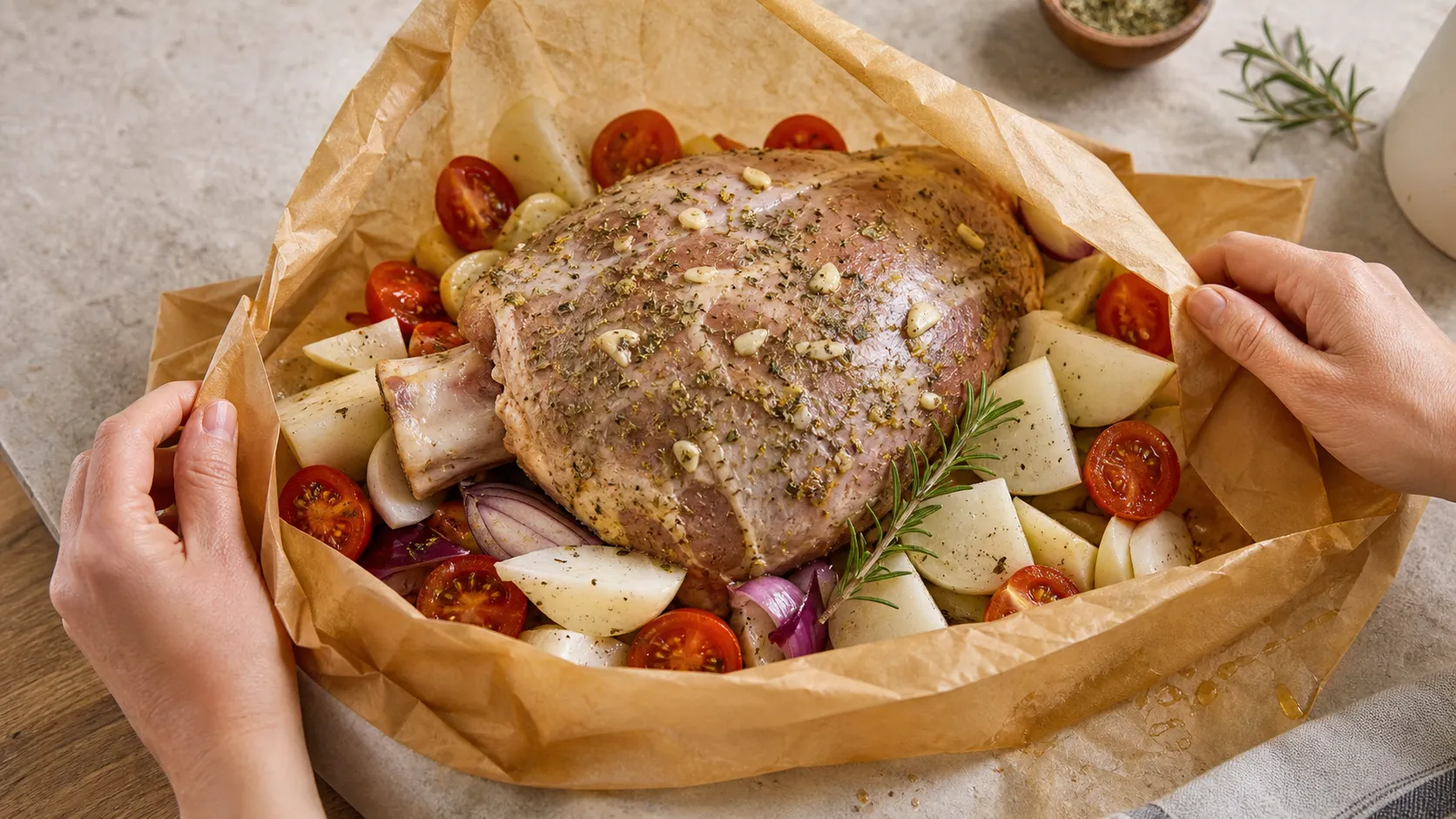 The marinated lamb shoulder being wrapped in parchment paper with the vegetables