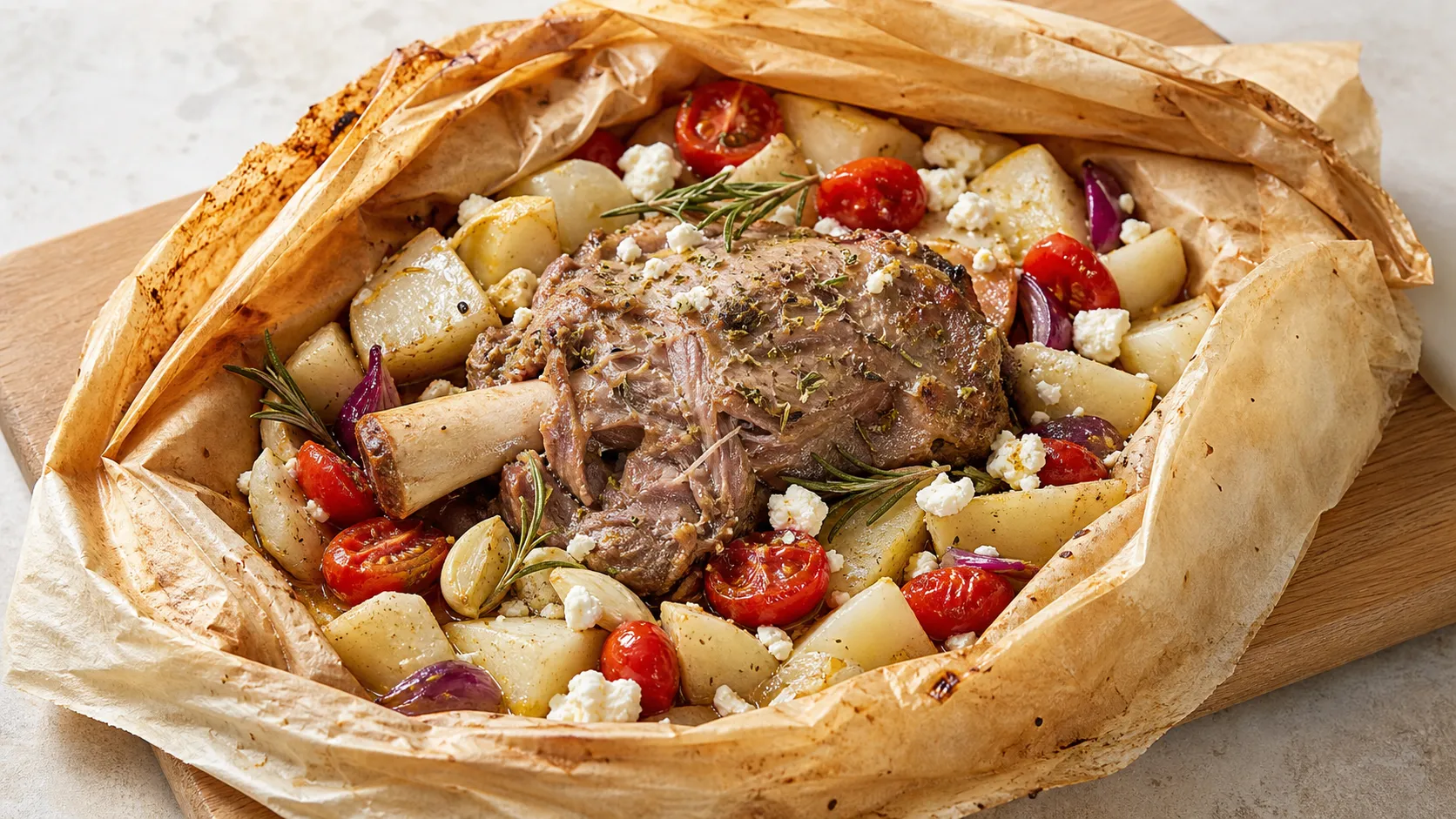 Keto lamb shoulder kleftiko style in an opened parchment parcel with kohlrabi, cherry tomatoes and feta cheese