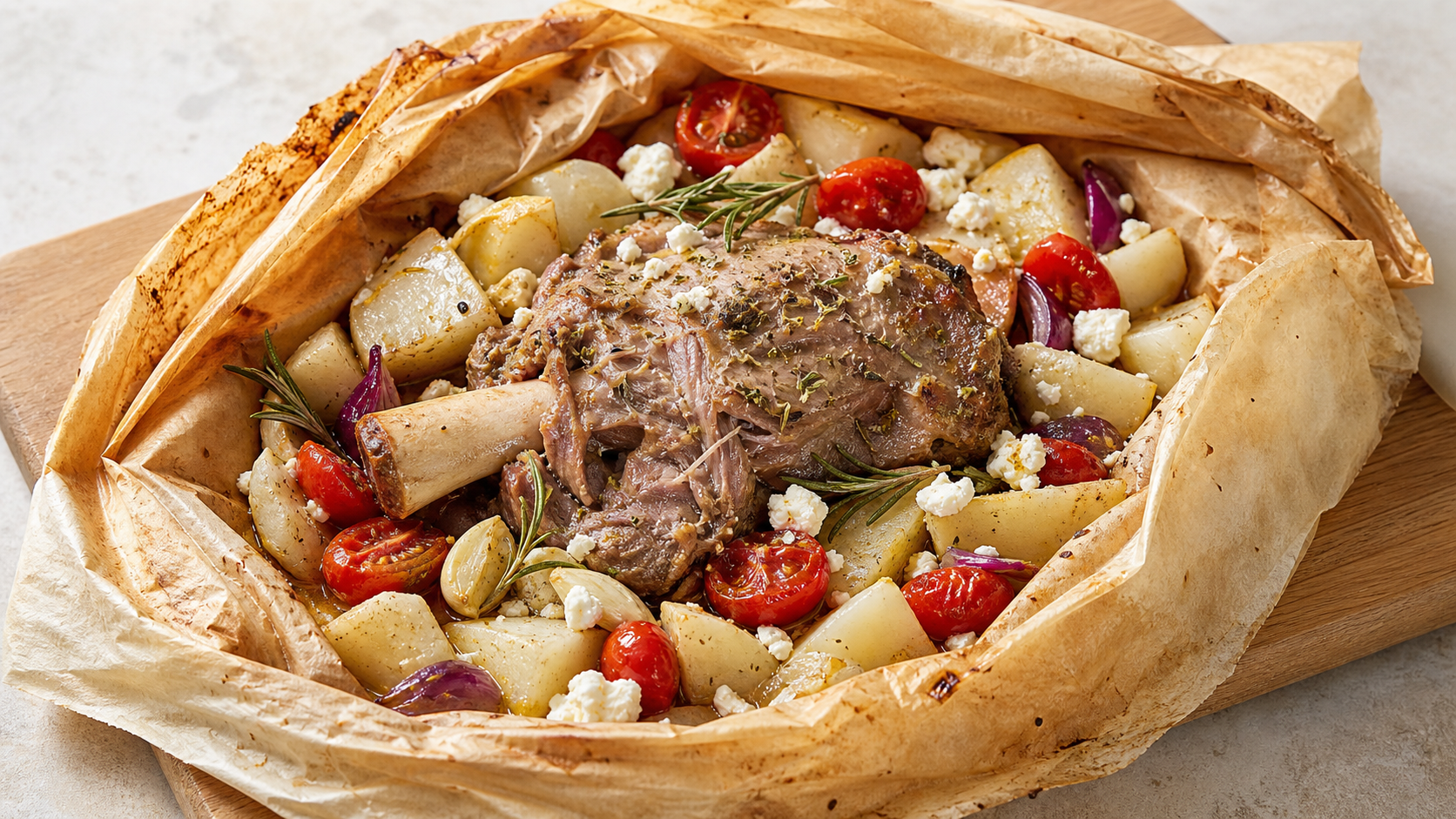 Keto lamb shoulder kleftiko style in an opened parchment parcel with kohlrabi, cherry tomatoes and feta cheese