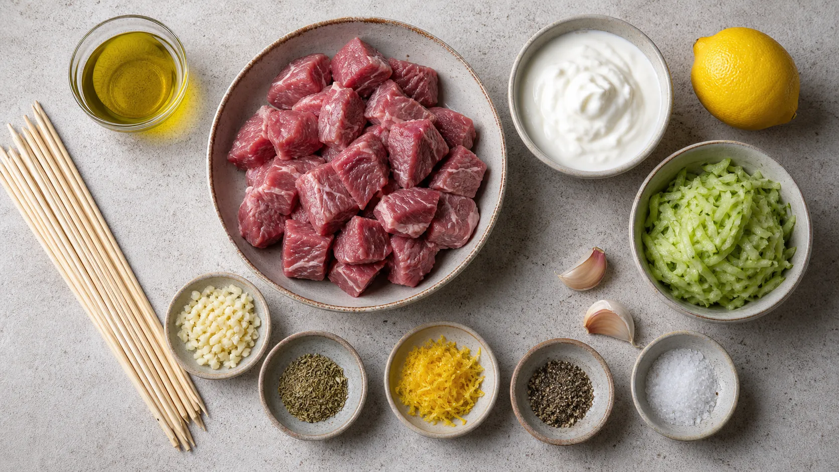 Ingredients for keto lamb skewers with lamb top round, olive oil, garlic, oregano, yogurt and cucumber