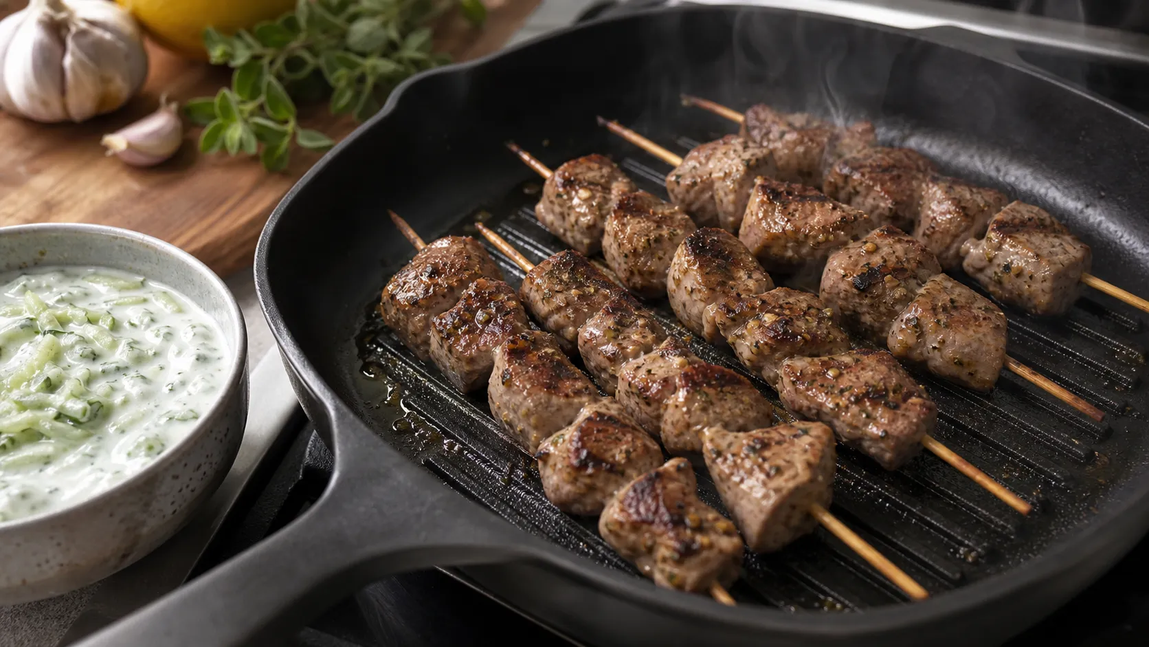 Lamb skewers searing in a hot grill pan