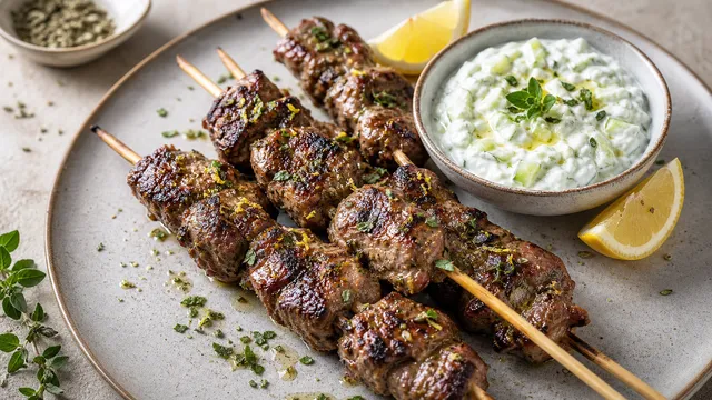 Keto lamb skewers served with tzatziki, cucumber, oregano and lemon