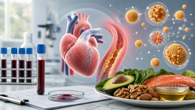 Blood test vial and cholesterol chart alongside a plate of avocado and walnuts on a white background
