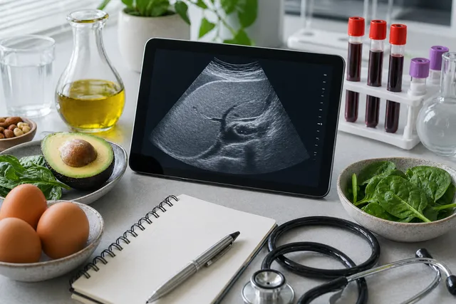 Medical research notes beside a stylized liver study image and low-carb context on a warm desk