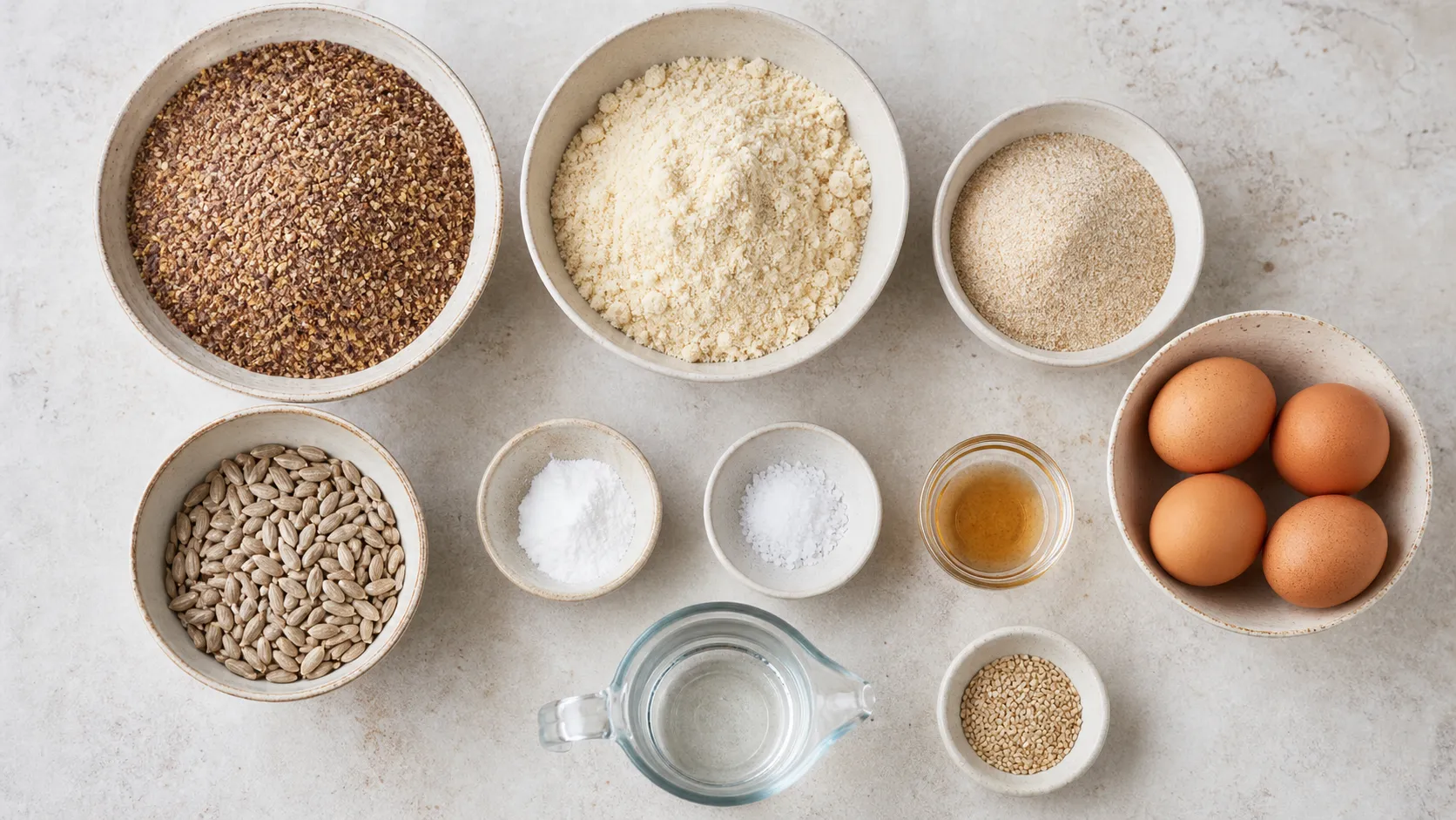 Ingredients for keto flaxseed rolls: ground flaxseed, almond flour, psyllium husk powder, sunflower seeds, eggs and sesame