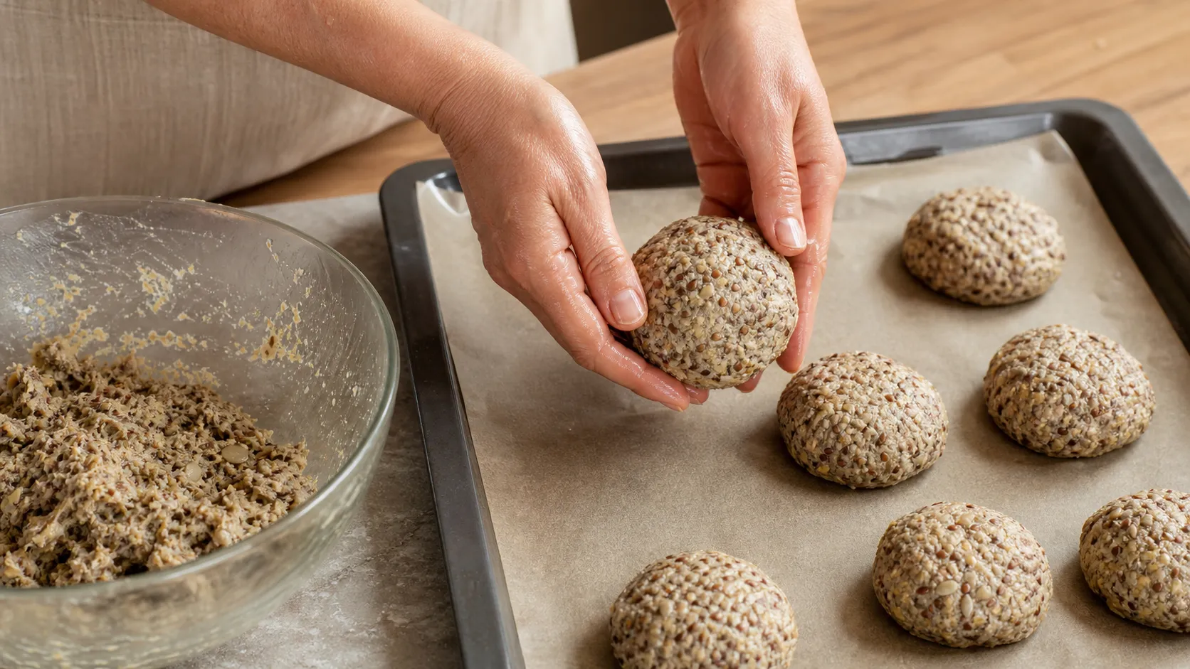 The dough being shaped into rolls with damp hands on a baking tray