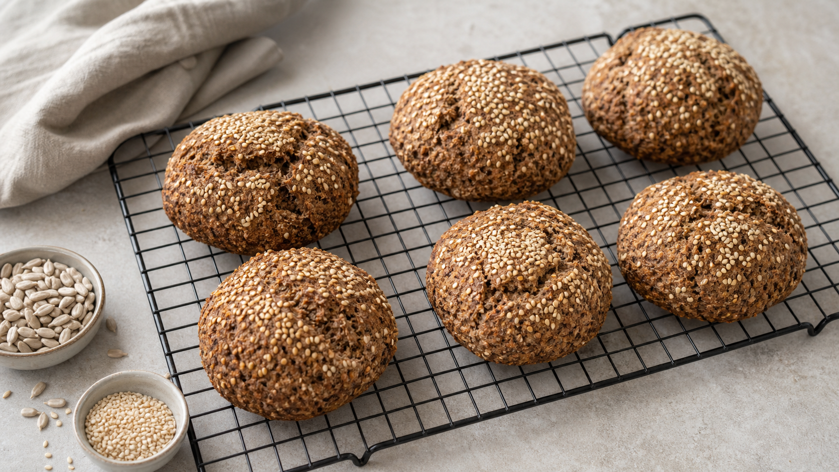 Six dark keto flaxseed rolls with sesame seeds on a wire rack