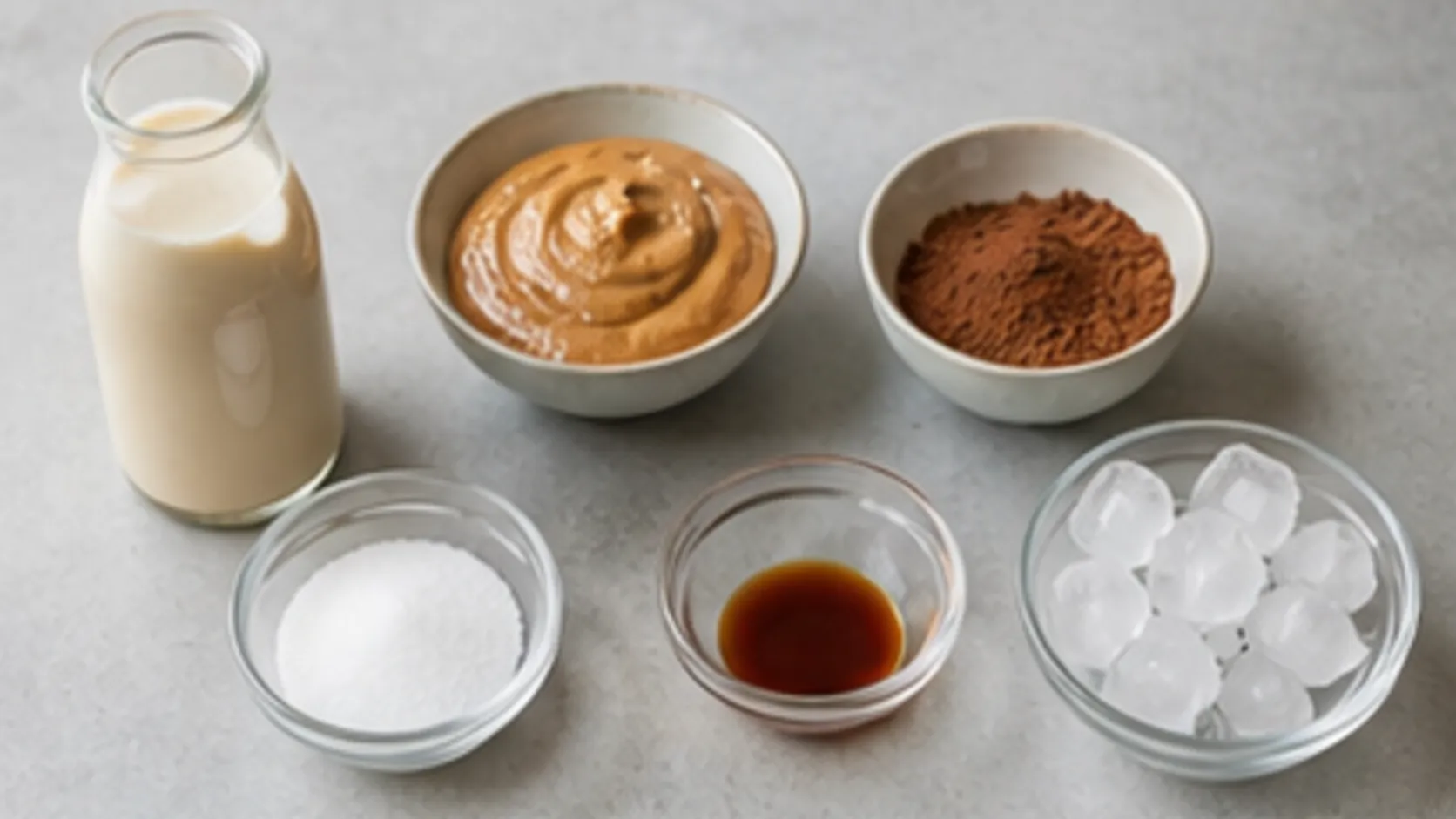 Ingredients for keto cocoa smoothie with almond butter, baking cocoa, almond milk, erythritol, vanilla and ice cubes