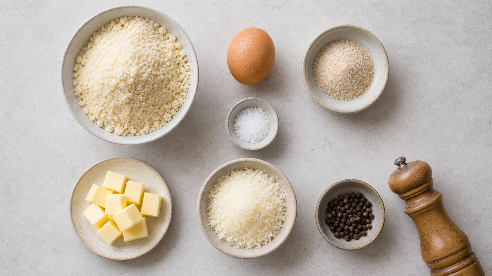 Ingredients for keto almond flour pasta: almond flour, egg, psyllium husk, Parmesan, butter, and black pepper