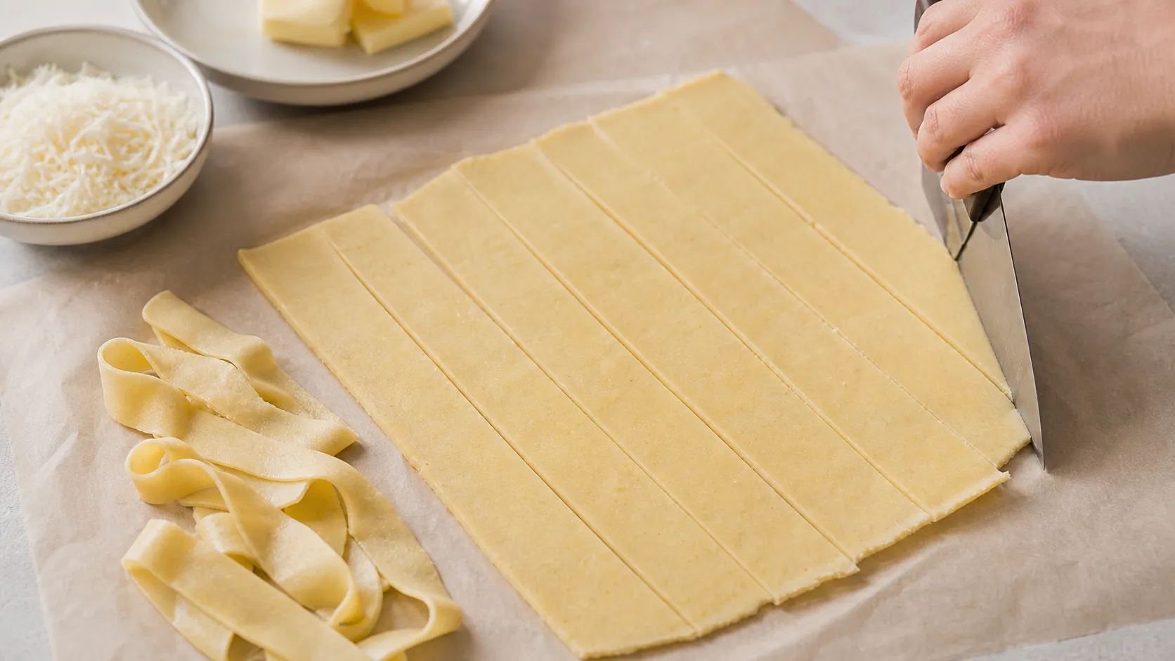 Rolled-out almond flour dough on parchment paper, cut into strips and ready to cook