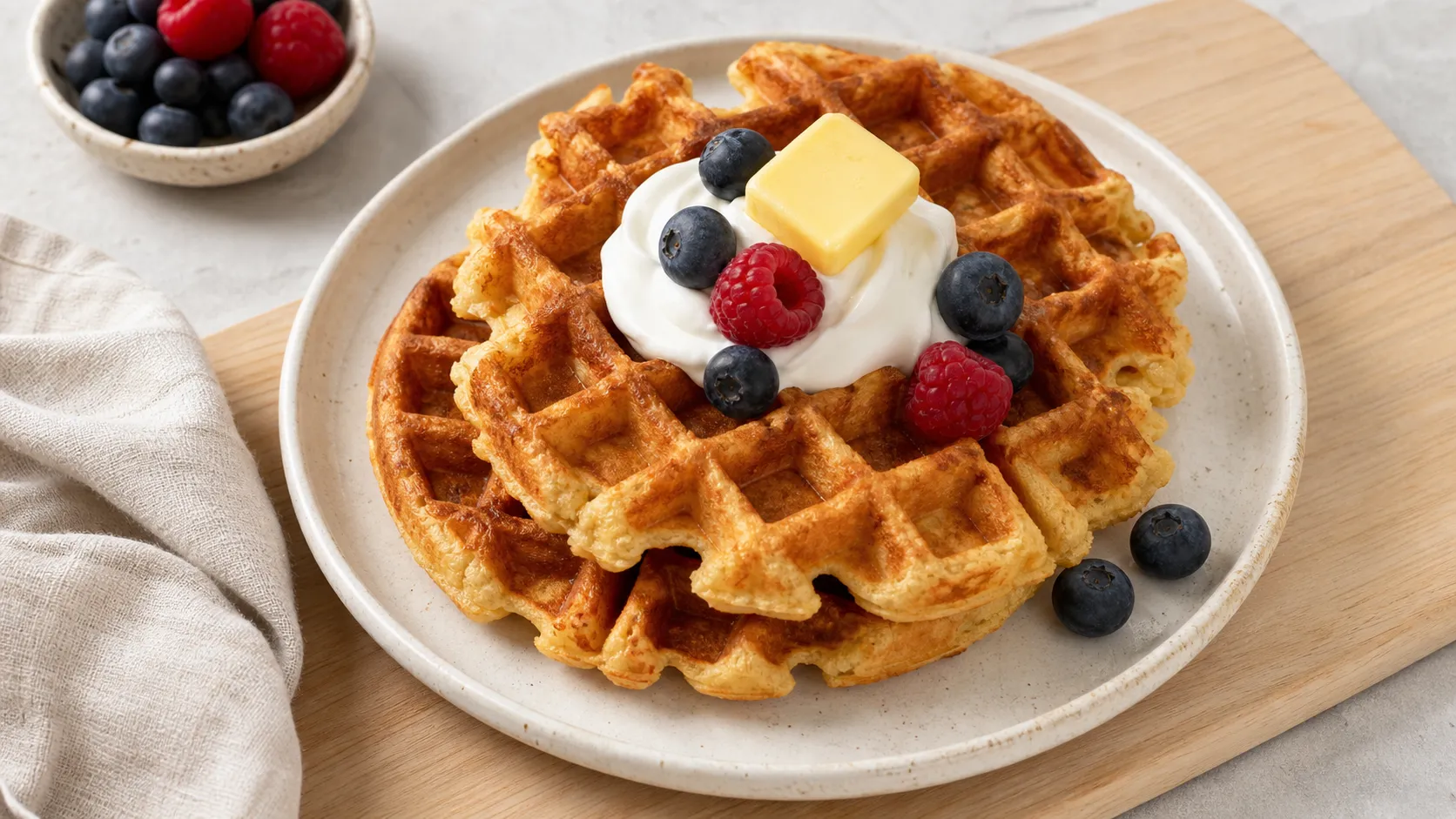 Keto almond flour waffles with cream cheese, butter, Greek yogurt, and a few berries