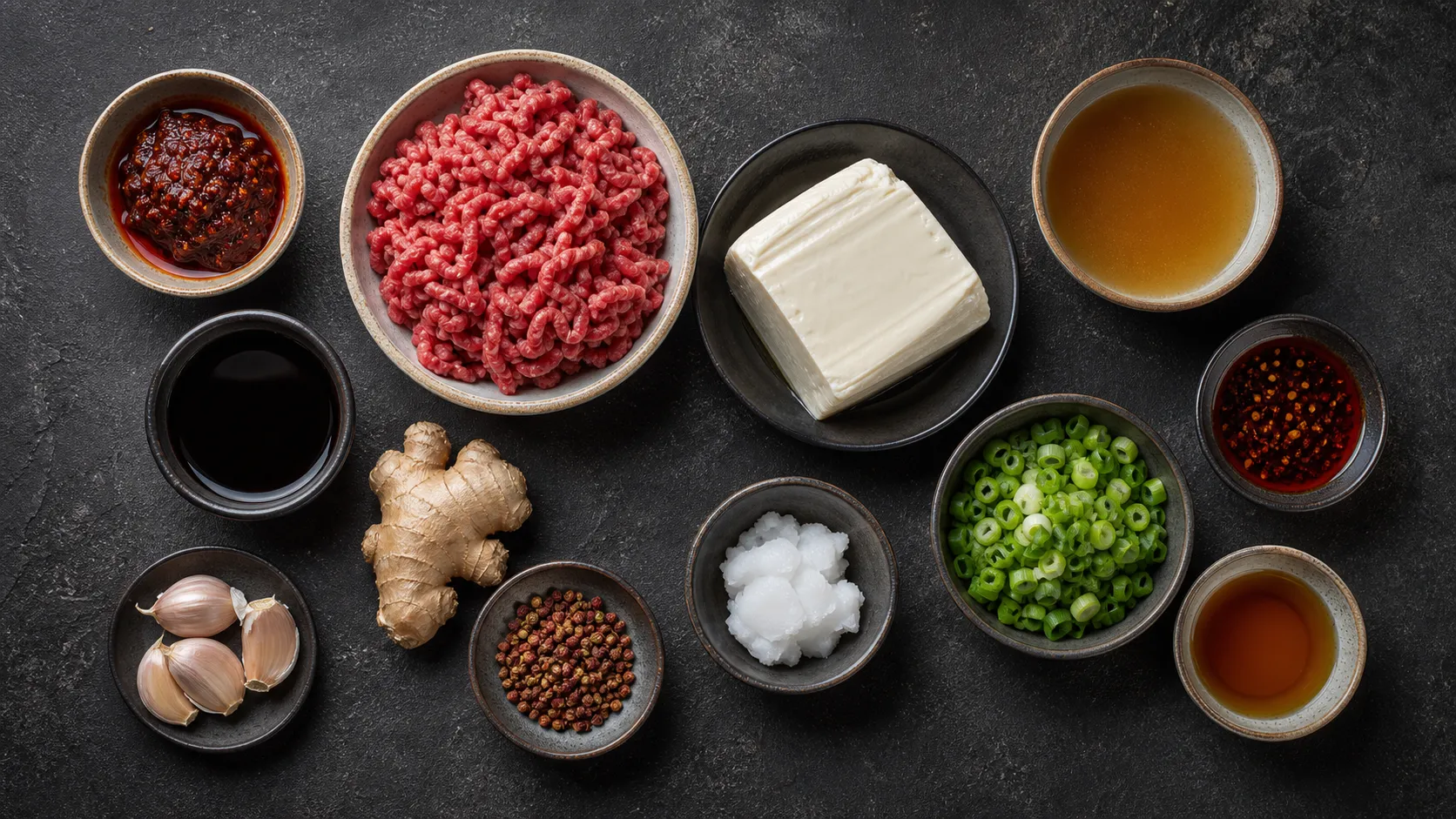 Flat lay of ingredients for keto Mapo Tofu with silken tofu, ground beef, doubanjiang and Sichuan peppercorn
