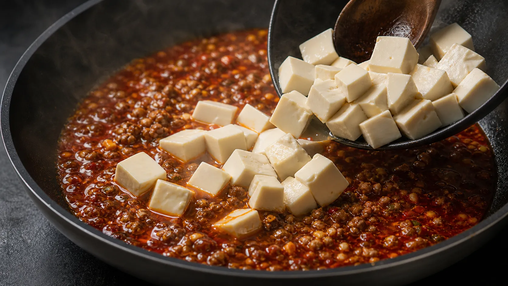 Tofu cubes are gently added to the simmering Sichuan sauce for keto Mapo Tofu