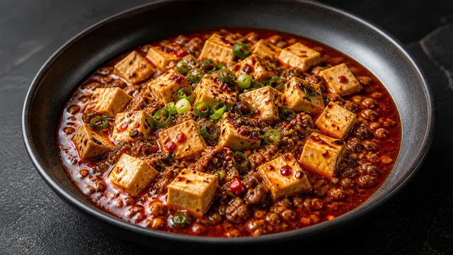 Finished keto Mapo Tofu with silken tofu, ground beef and red Sichuan sauce