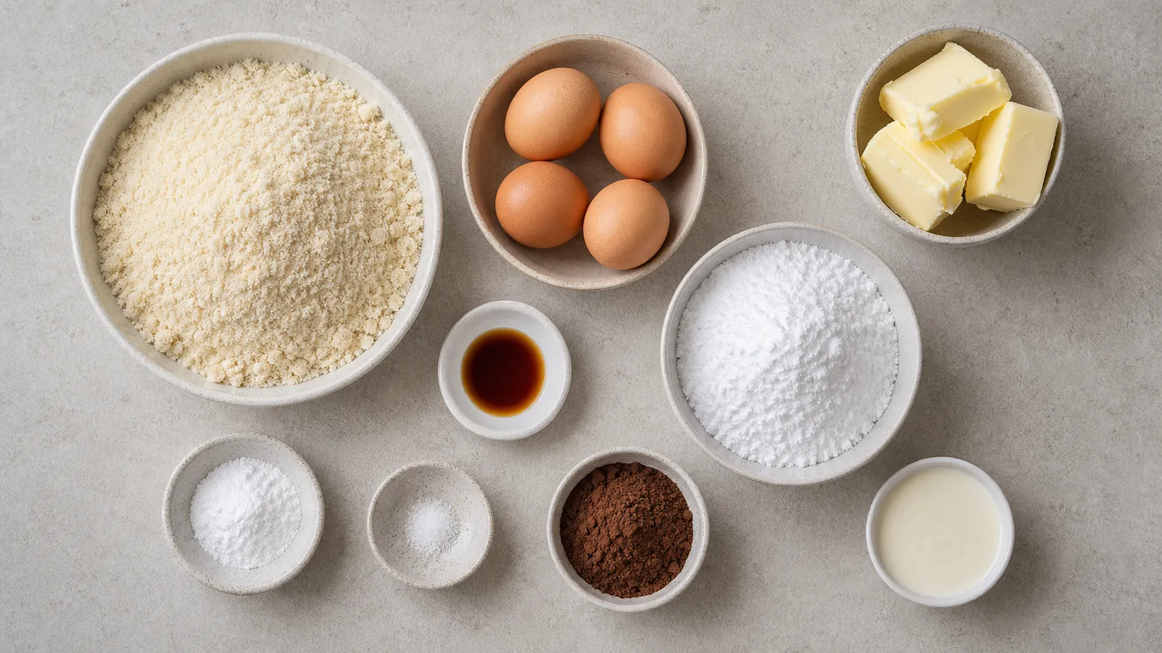 Ingredients for keto marble cake with almond flour, eggs, butter and cocoa