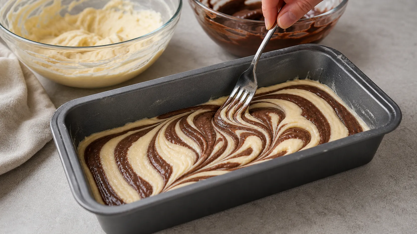 Chocolate and vanilla batter being swirled with a fork in the loaf pan