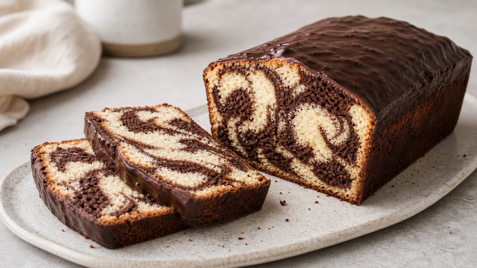 Keto marble cake with almond flour and a visible chocolate-vanilla swirl