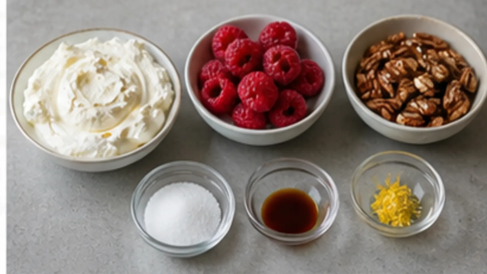 Ingredients for keto mascarpone breakfast with raspberries, pecans, vanilla and erythritol