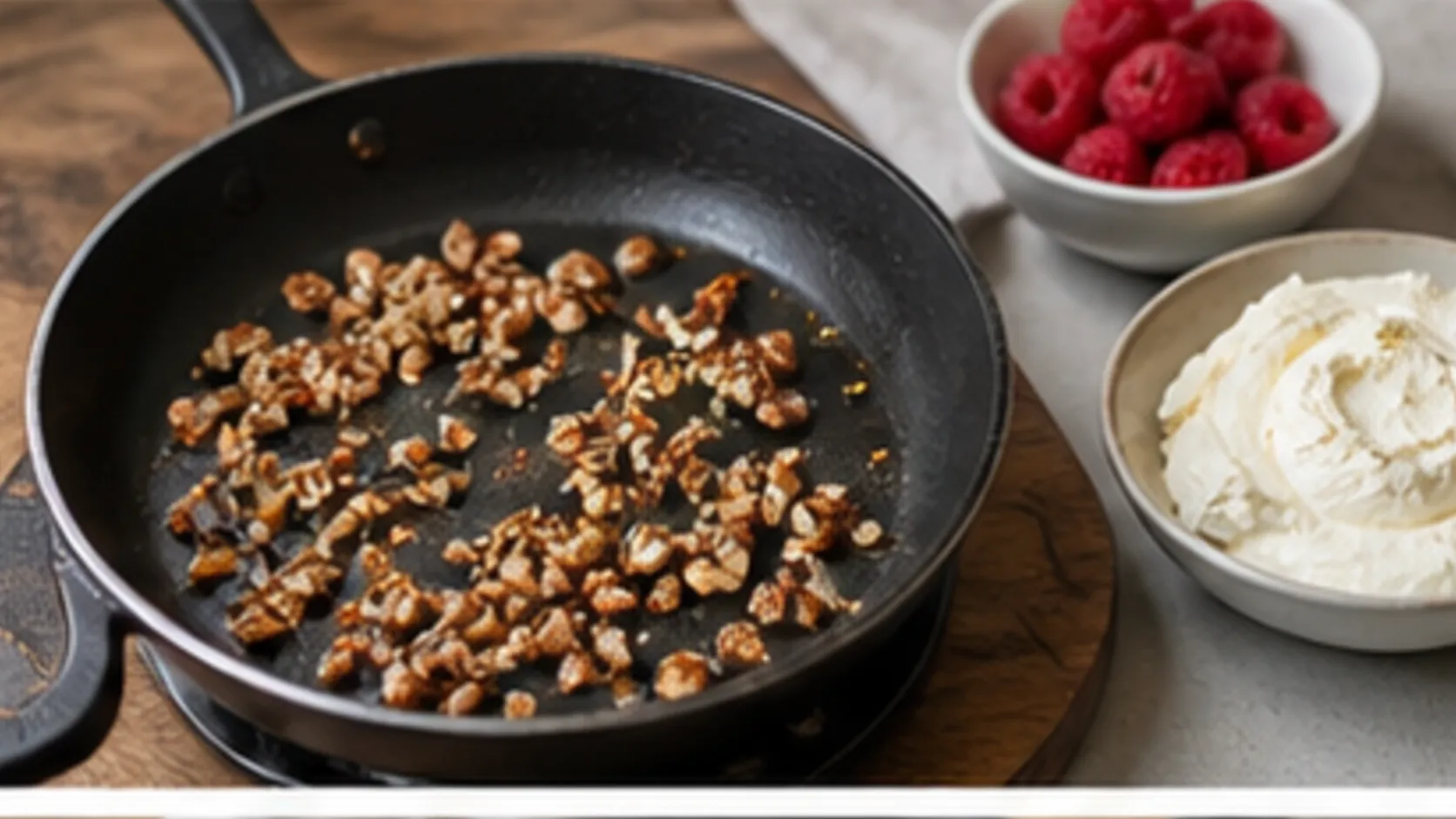 Pecans being dry-toasted in a pan for the keto mascarpone breakfast