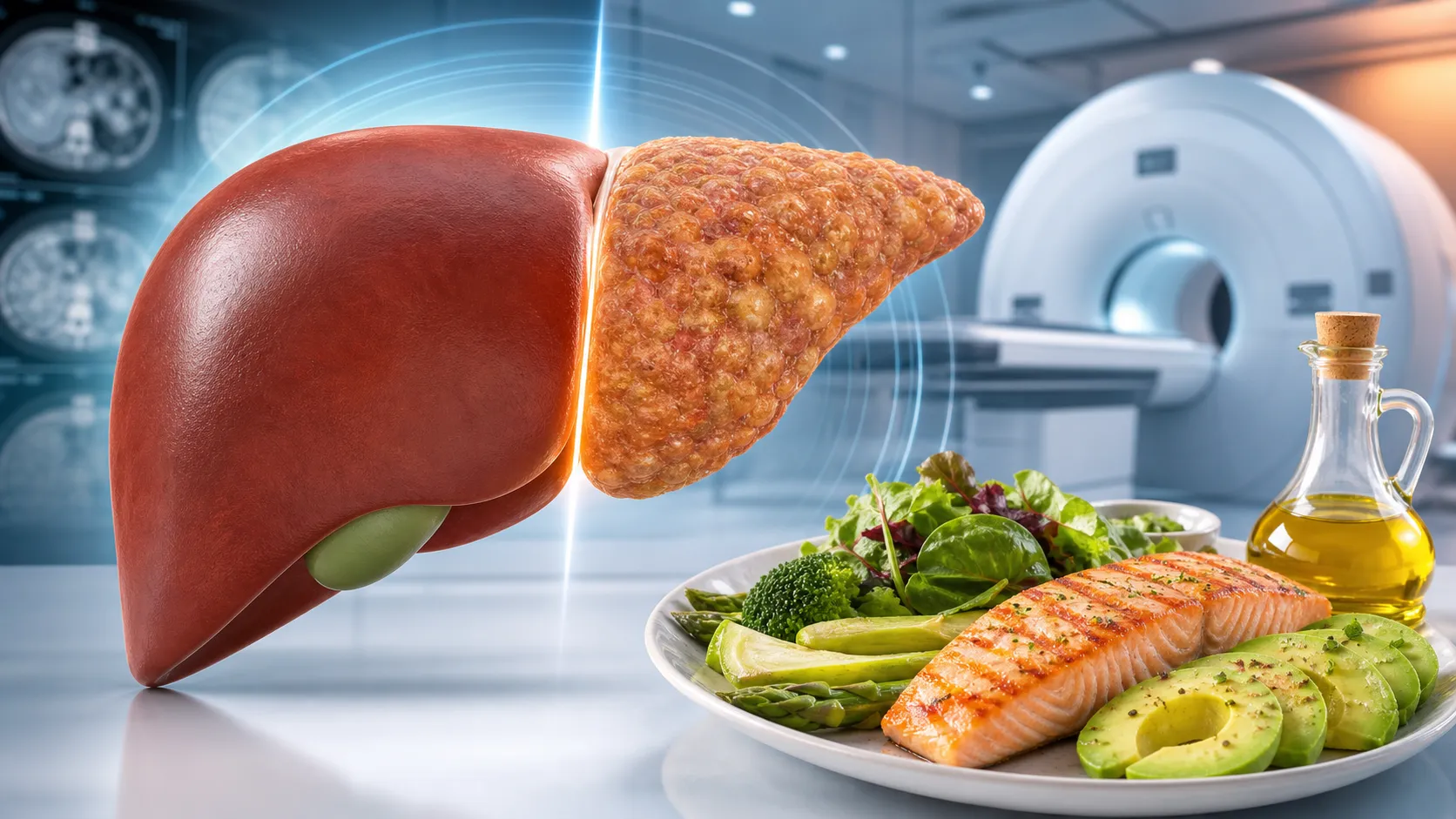 Close-up of a plate with grilled salmon, avocado and green salad next to a clinical liver scan illustration